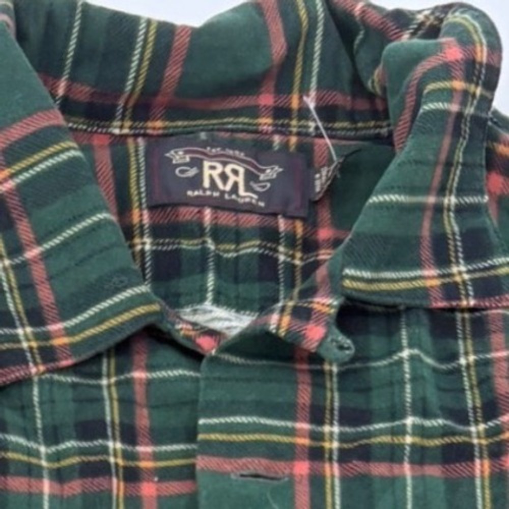 RRL Ralph Lauren Mens Green Blue Plaid Flannel Workshirt Throat Latch M - Picture 5 of 6